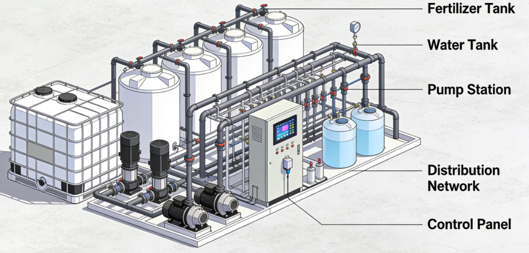Large Scale Fertigation System for Corn and Wheat – Integrated Irrigation and Precision Fertilization for Major Crops